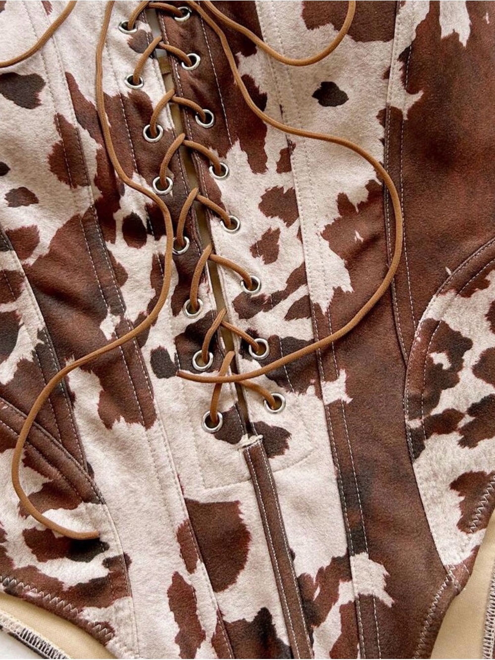 Cow Print Lace-Up One-Piece bodysuit in Brown - Picture 5 of 5